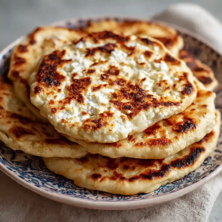 soft cottage cheese flatbread stacked on plate with golden crust