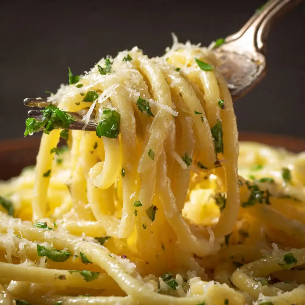 Close-up of Buttery Garlic Noodles with Parmesan highlighting butter and cheese