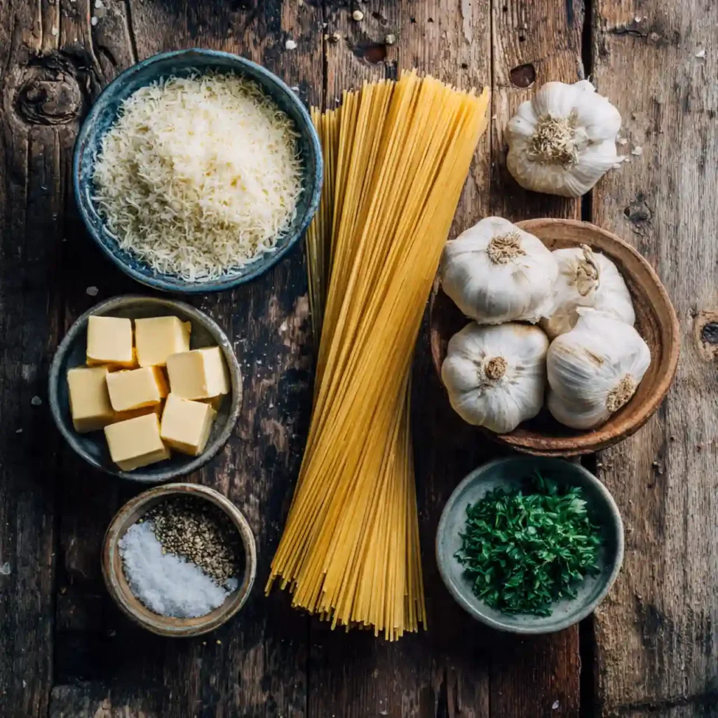 Ingredients for Buttery Garlic Noodles with Parmesan including pasta, garlic, and butter