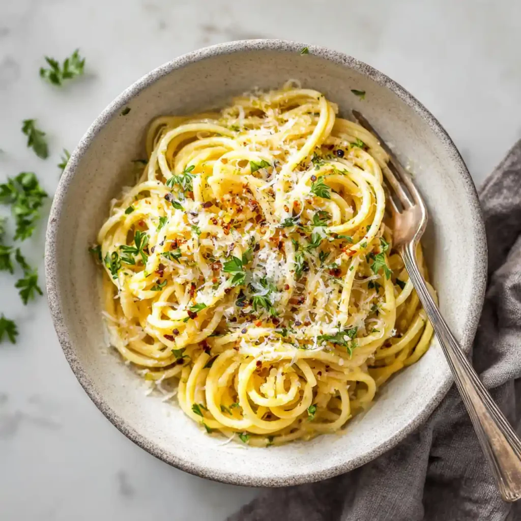 Buttery Garlic Noodles with Parmesan served with extra cheese and herbs