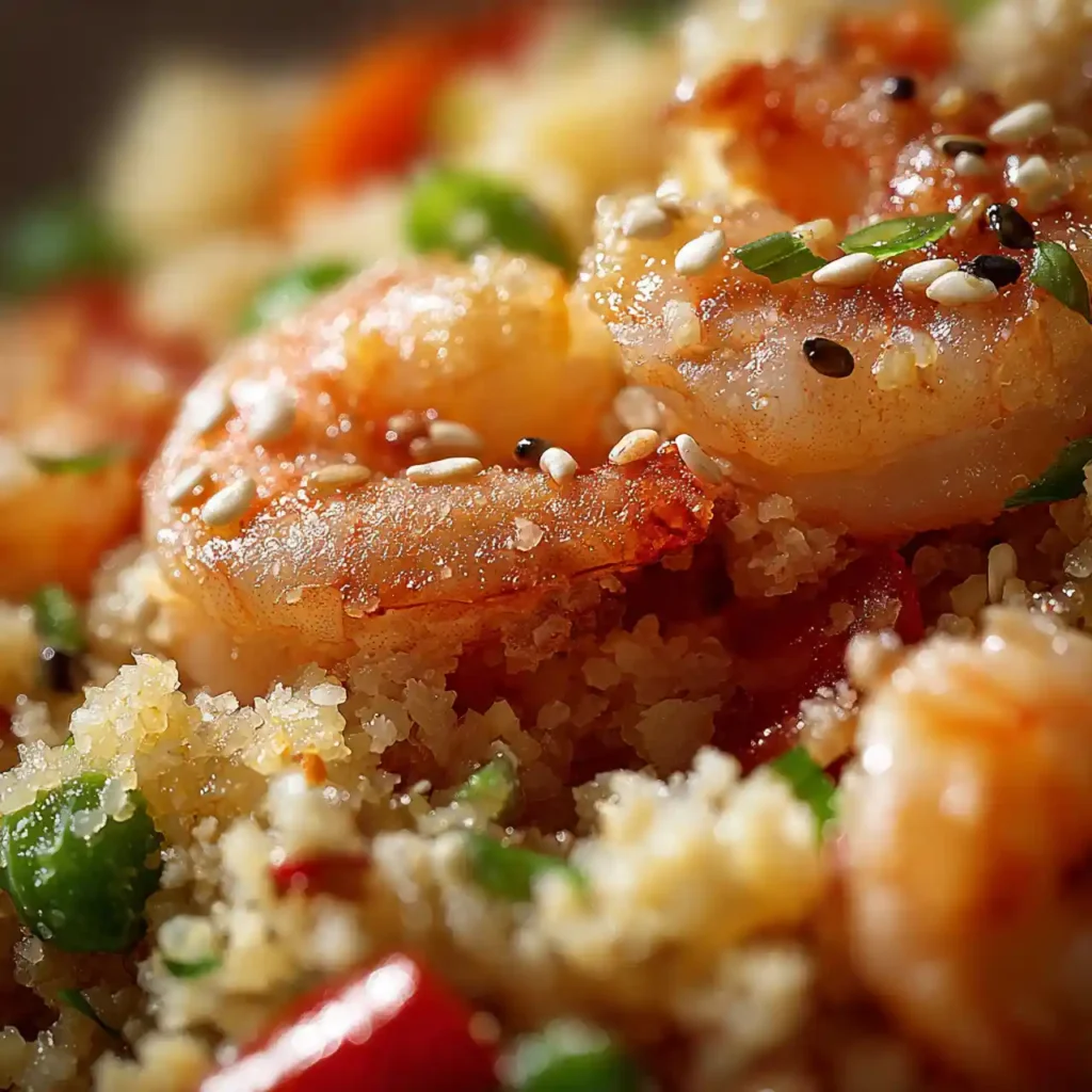 Cauliflower Fried Rice with Shrimp (Healthy & Quick) 3 Close-up of Cauliflower Fried Rice with Shrimp showing texture