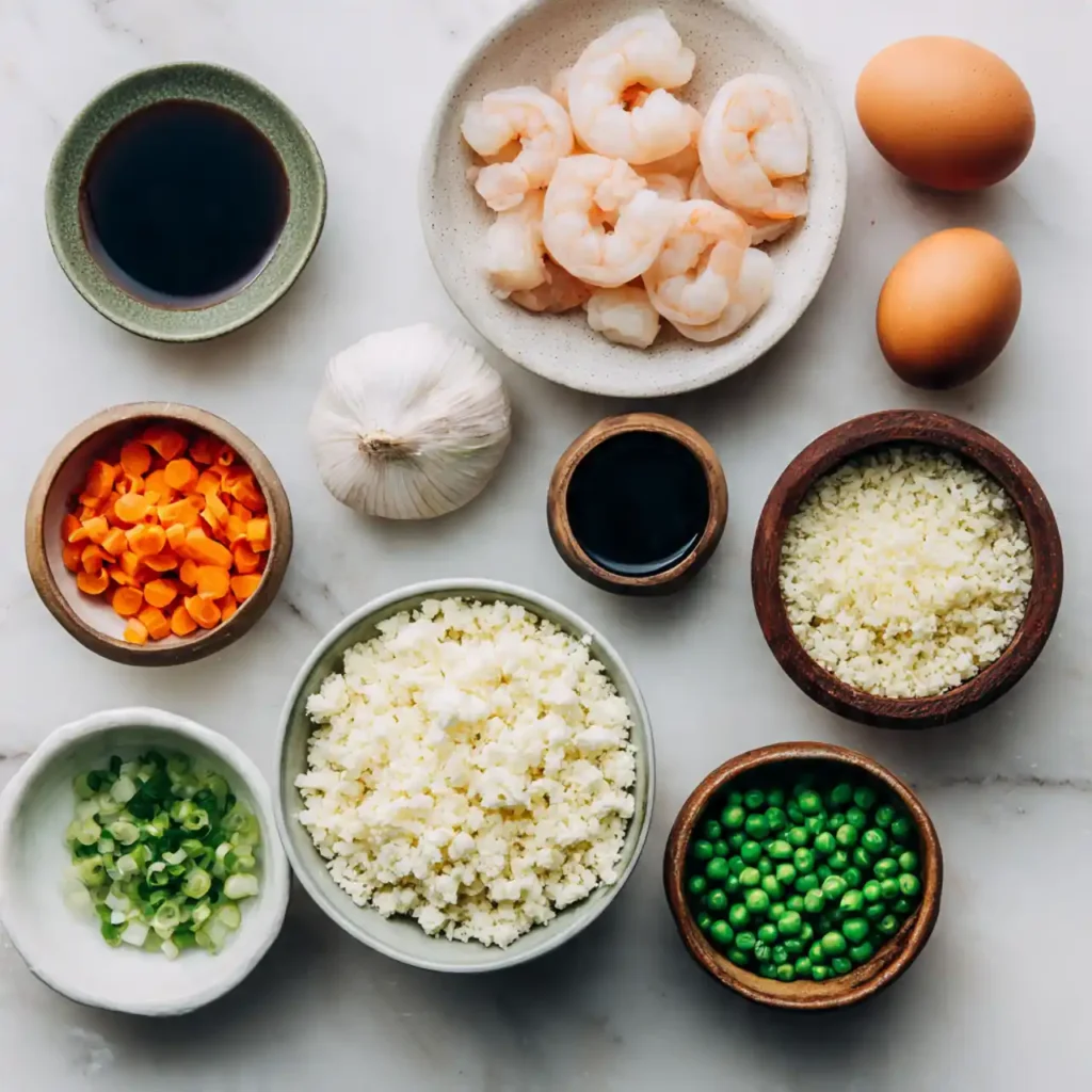 Cauliflower Fried Rice with Shrimp (Healthy & Quick) 2 Ingredients for Cauliflower Fried Rice with Shrimp including raw shrimp and riced cauliflower