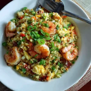 Cauliflower Fried Rice with Shrimp (Healthy & Quick) 5 Cauliflower Fried Rice with Shrimp served with lime wedges