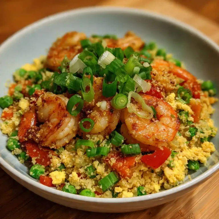 Cauliflower Fried Rice with Shrimp served in a white bowl