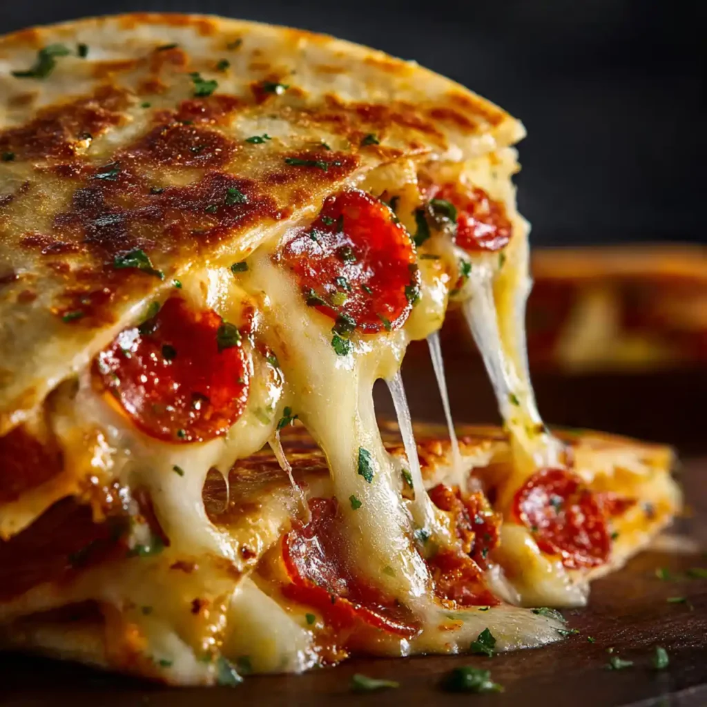 close-up of cheesy 5-ingredient pizza quesadilla with melted mozzarella stretch
