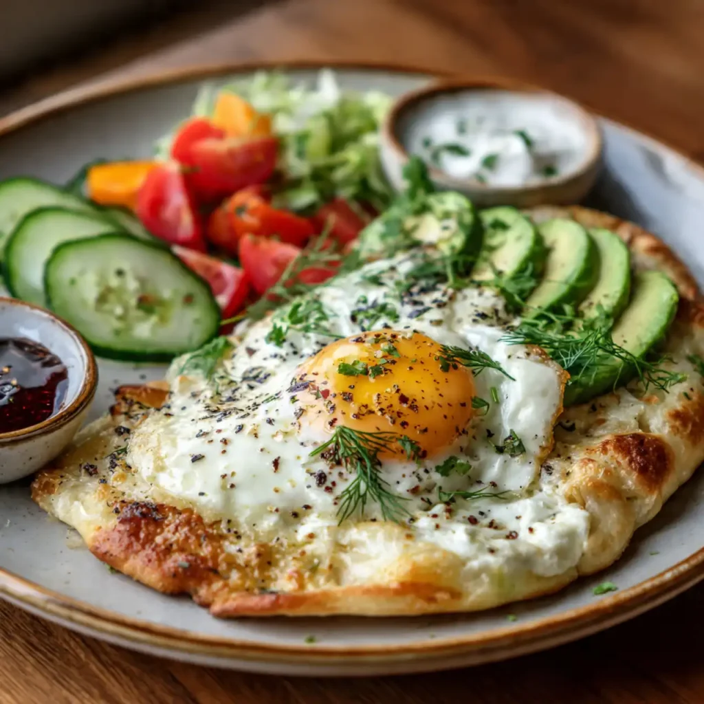 cottage cheese flatbread served with avocado and eggs