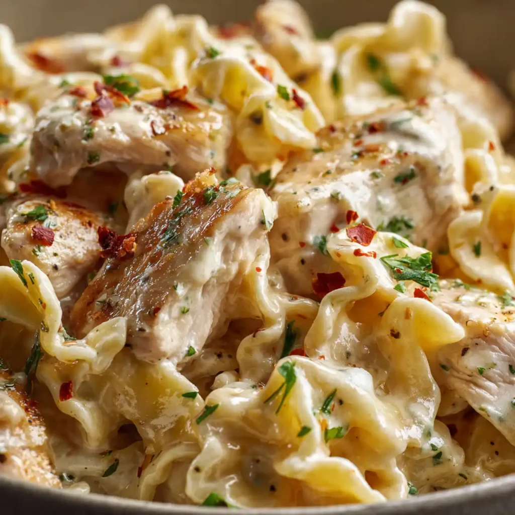 Close-up of Creamy Boursin Chicken Pasta with herb sauce