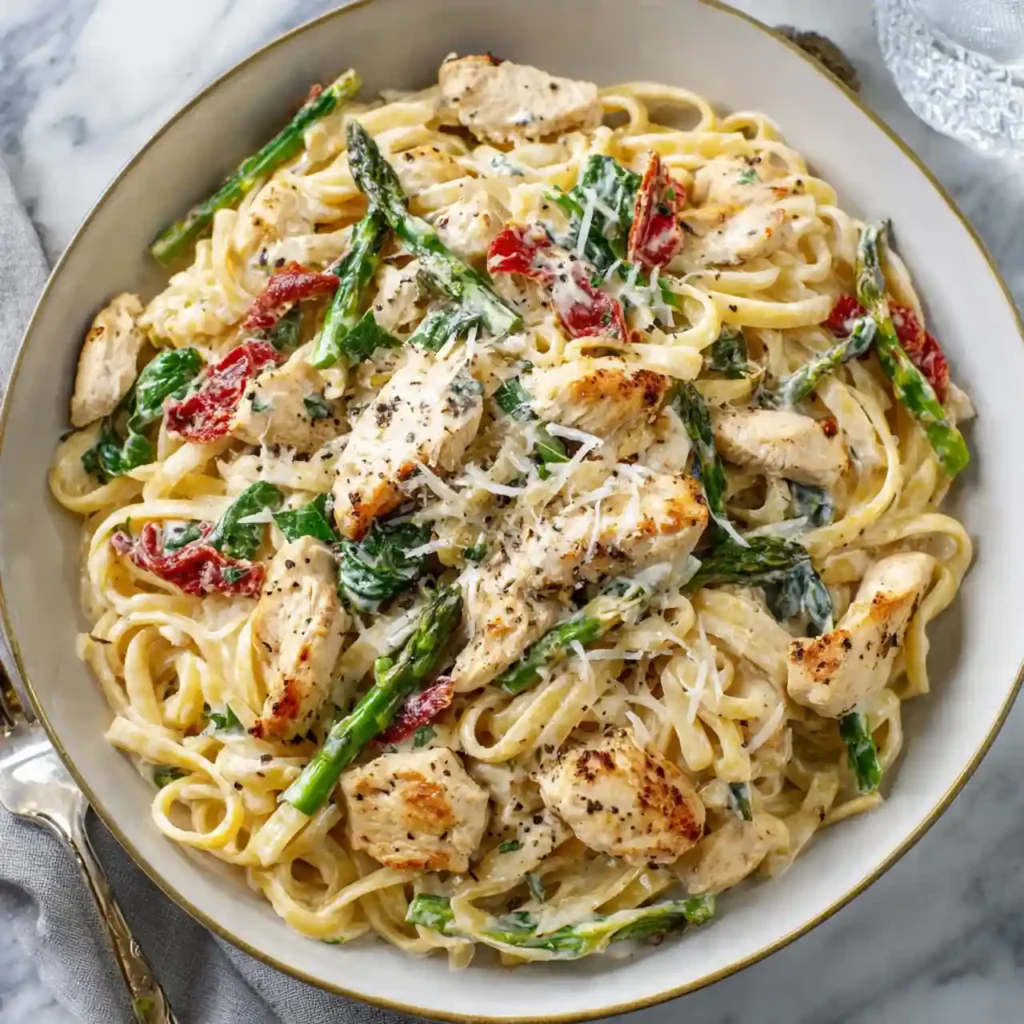 Creamy Boursin Chicken Pasta served with garlic bread