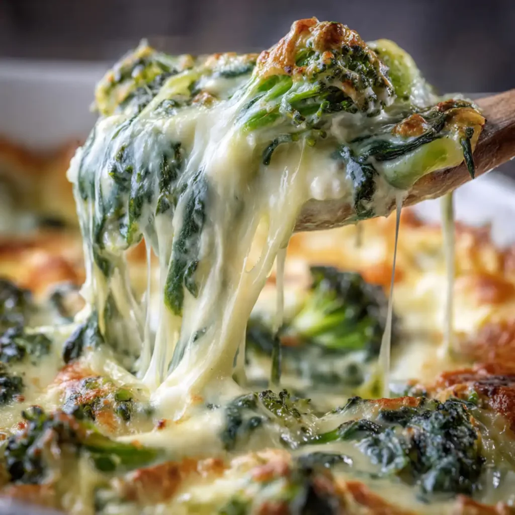 Creamy Spinach Broccoli Cheese Casserole 3 Close-up of Creamy Spinach Broccoli Cheese Casserole showing melted cheese and creamy vegetables