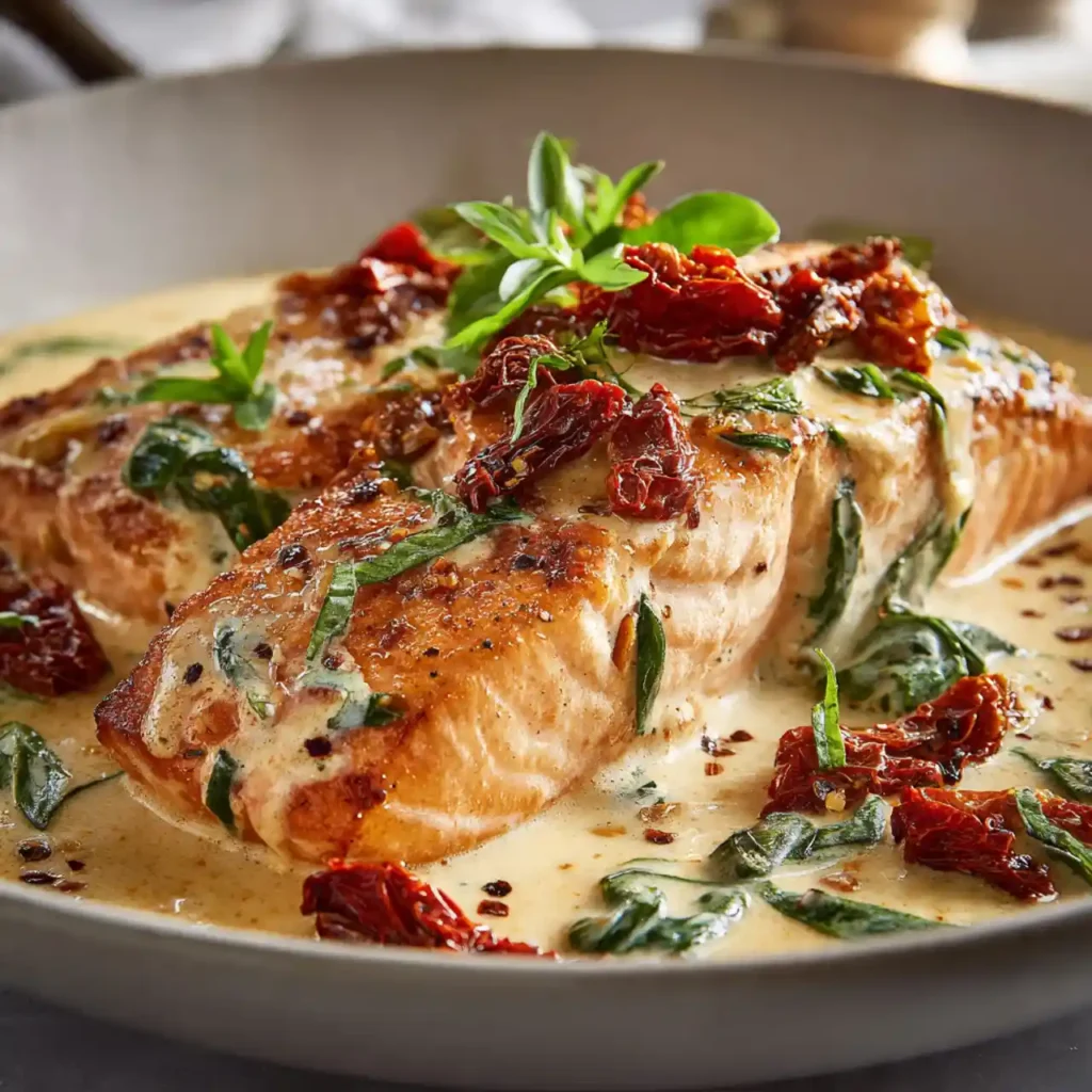 Creamy Tuscan Salmon with Sun-Dried Tomatoes 3 Close-up of Creamy Tuscan Salmon with Sun-Dried Tomatoes sauce