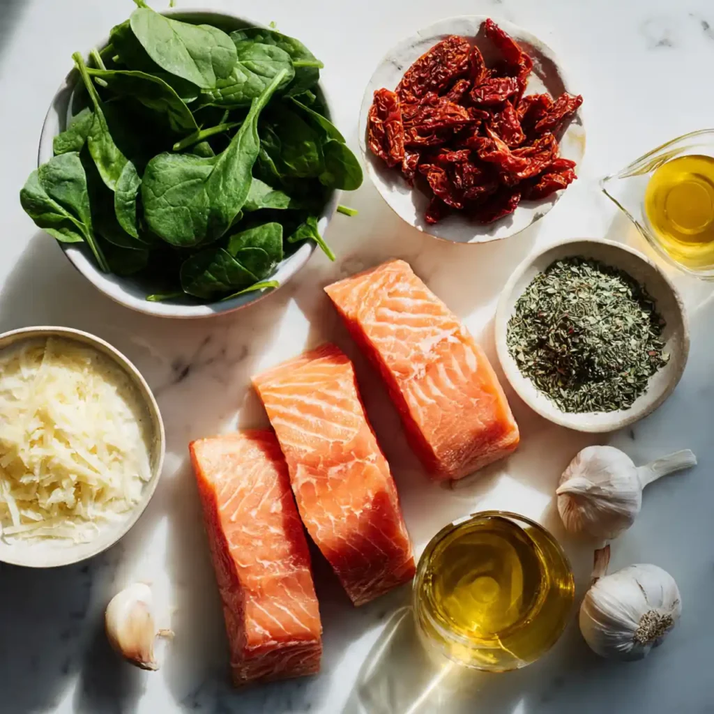 Creamy Tuscan Salmon with Sun-Dried Tomatoes 2 Ingredients for Creamy Tuscan Salmon with Sun-Dried Tomatoes including salmon and spinach