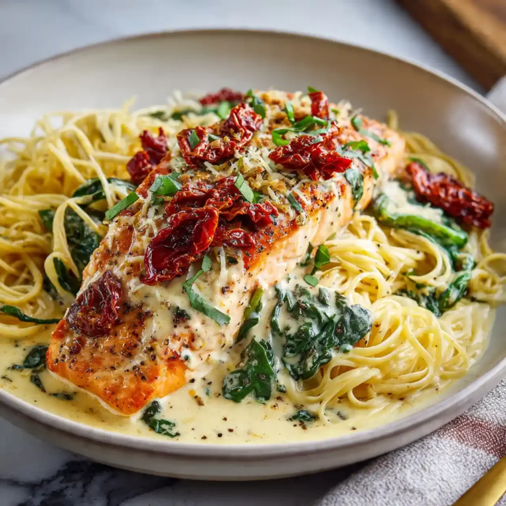 Creamy Tuscan Salmon with Sun-Dried Tomatoes 4 Creamy Tuscan Salmon with Sun-Dried Tomatoes served over pasta