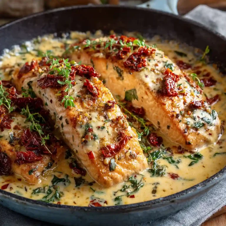 Creamy Tuscan Salmon with Sun-Dried Tomatoes in skillet