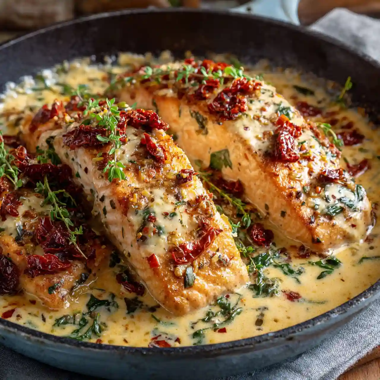 Creamy Tuscan Salmon with Sun-Dried Tomatoes 1 Creamy Tuscan Salmon with Sun-Dried Tomatoes in skillet