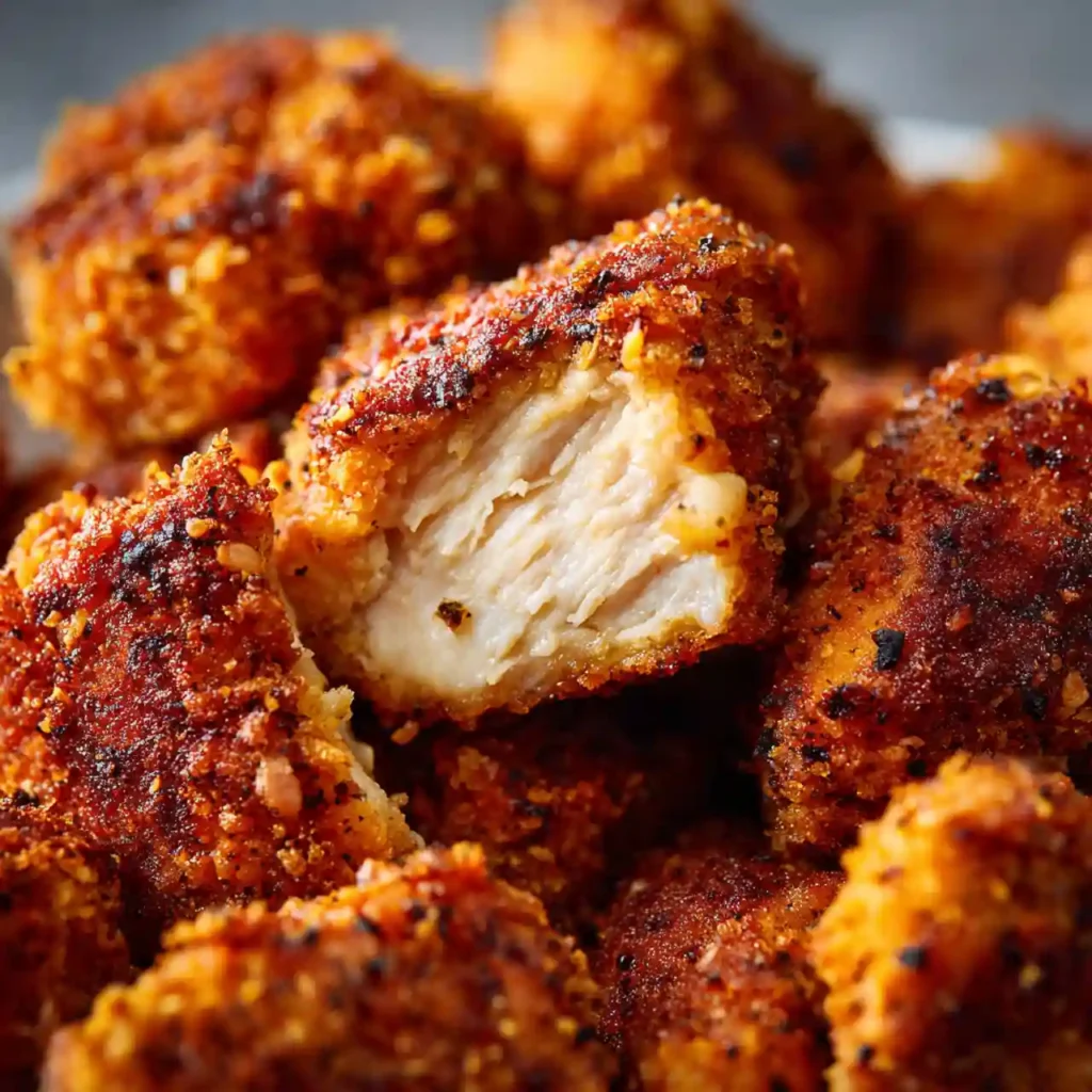 close-up of crispy air fryer chicken bites showing crunchy coating