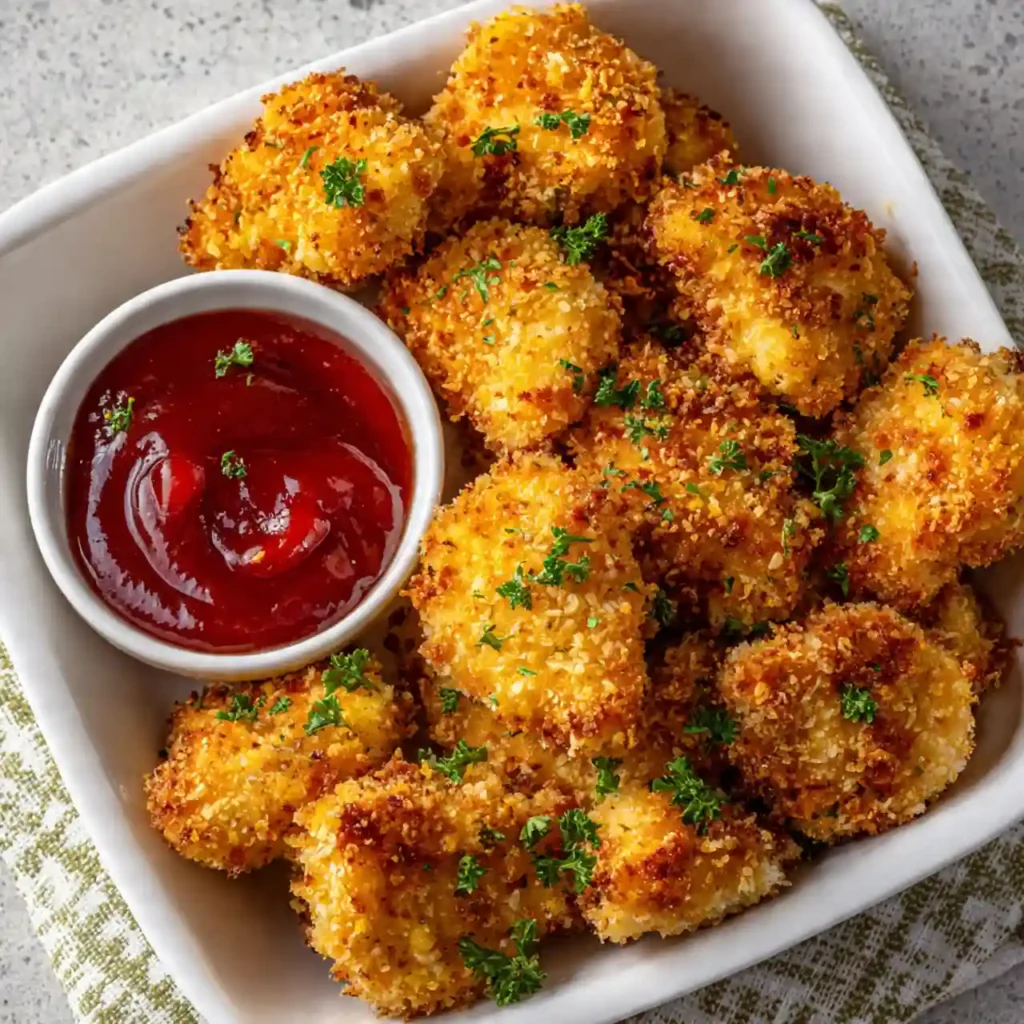 crispy air fryer chicken bites served with sauces and parsley