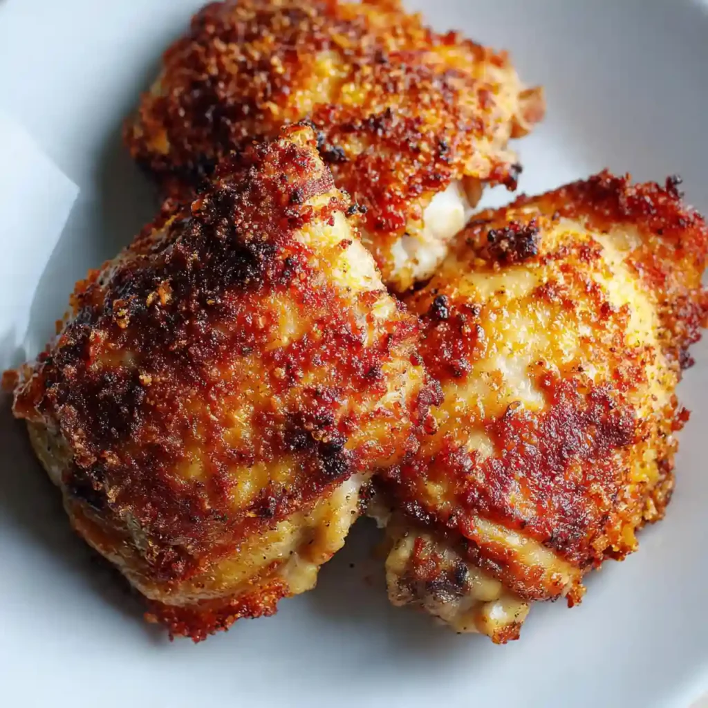 Crispy Air Fryer Chicken Thighs 3 close-up crispy air fryer chicken thighs showing crunchy golden skin