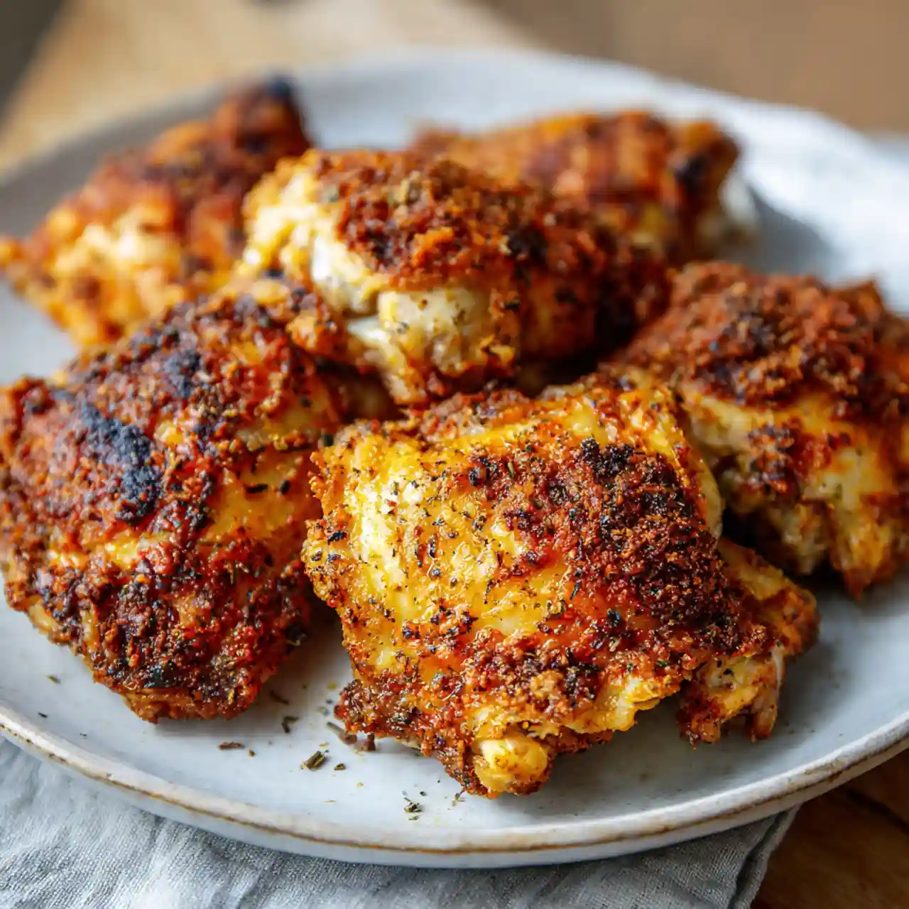 Crispy Air Fryer Chicken Thighs 1 crispy air fryer chicken thighs with golden skin served on plate