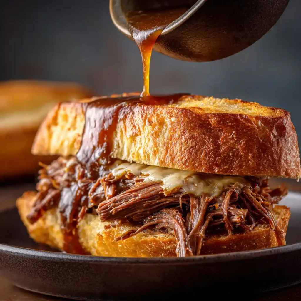 Crockpot French Dip Sandwich 3 close-up crockpot French dip sandwich dipping into au jus