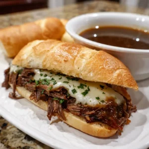 Crockpot French Dip Sandwich 5 crockpot French dip sandwich with melted cheese and au jus dipping sauce