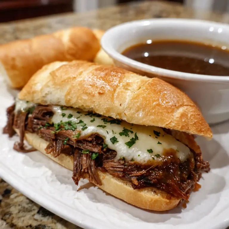 crockpot French dip sandwich with melted cheese and au jus dipping sauce