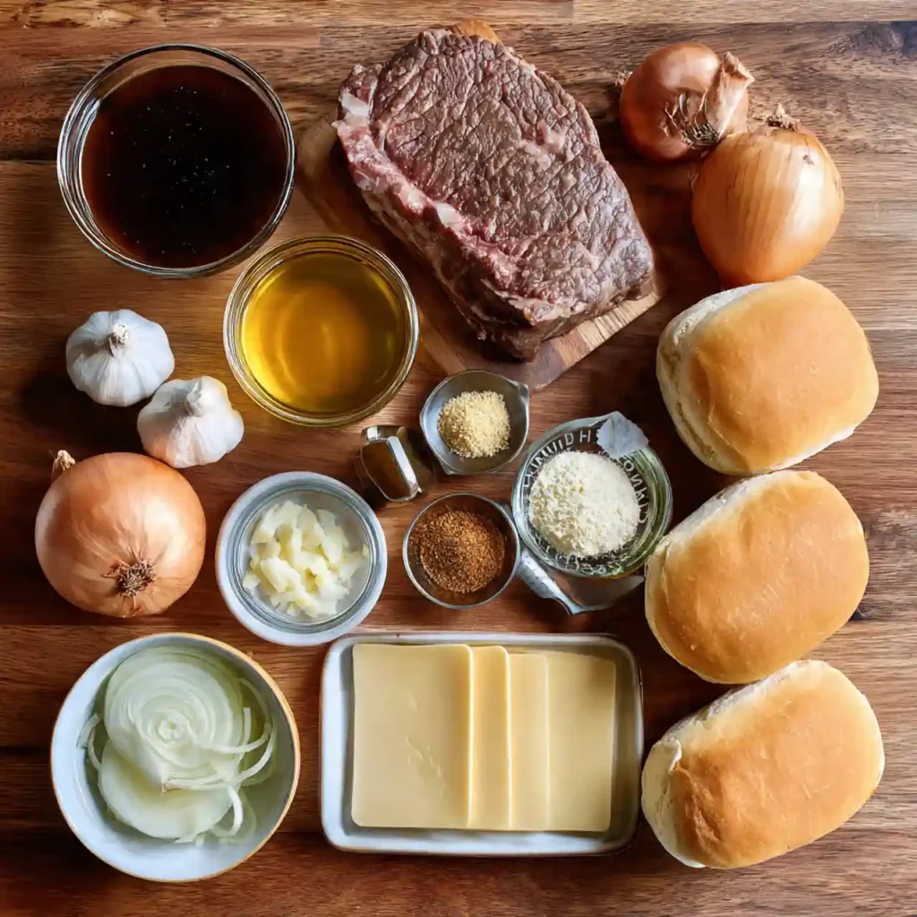 Crockpot French Dip Sandwich 2 ingredients for crockpot French dip sandwich including beef roast, onions, broth, and rolls