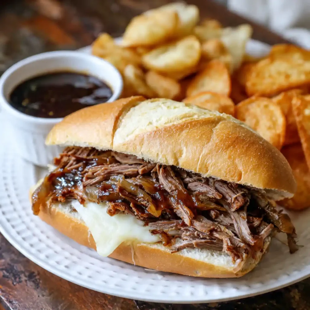 Crockpot French Dip Sandwich 4 crockpot French dip sandwich served with au jus and fries