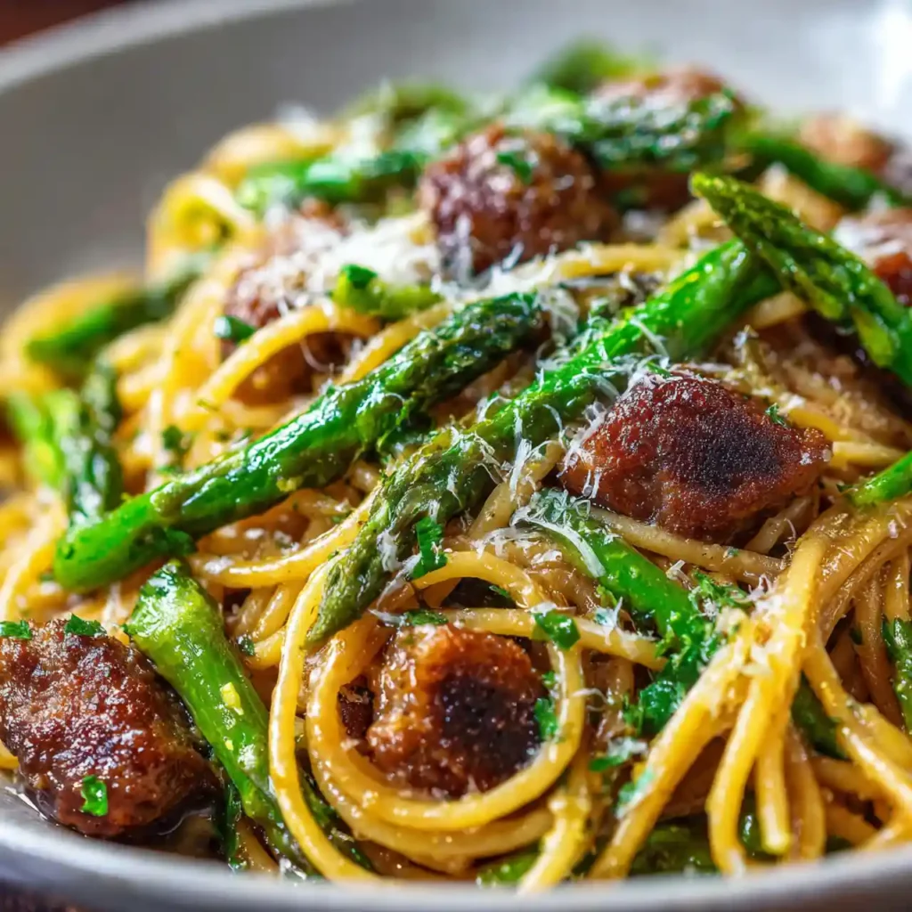 Easy Sausage Asparagus Pasta Recipe (30 Minute Dinner!) 3 Close-up of Easy Sausage Asparagus Pasta Recipe with parmesan and herbs