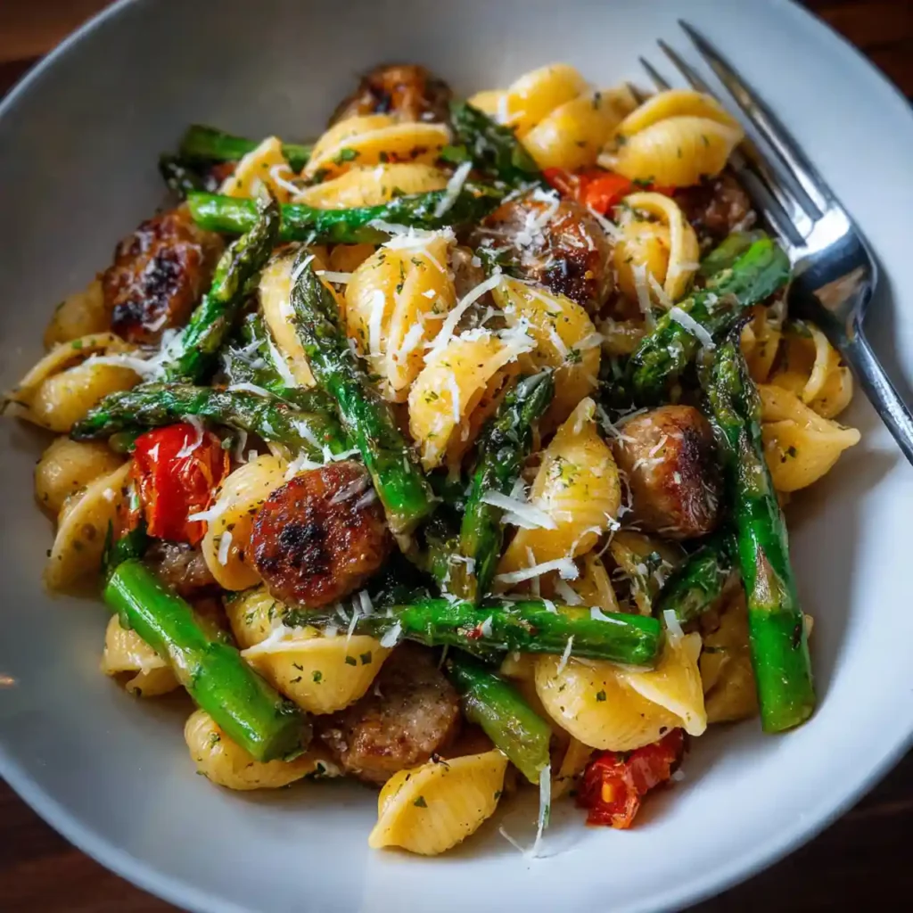Easy Sausage Asparagus Pasta Recipe (30 Minute Dinner!) 4 Easy Sausage Asparagus Pasta Recipe served with garlic bread