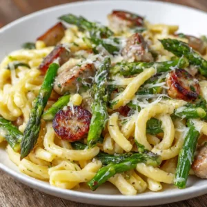 Easy Sausage Asparagus Pasta Recipe (30 Minute Dinner!) 5 Easy Sausage Asparagus Pasta Recipe served in a bowl with parmesan cheese