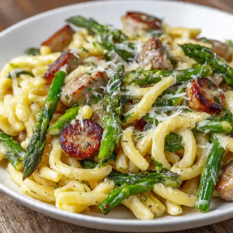 Easy Sausage Asparagus Pasta Recipe served in a bowl with parmesan cheese