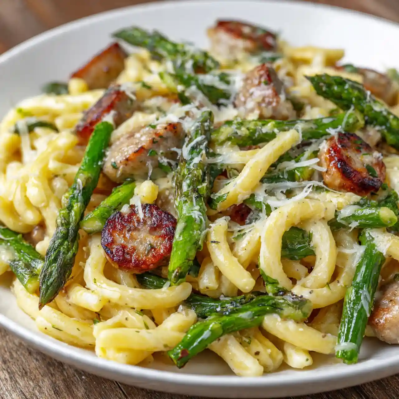 Easy Sausage Asparagus Pasta Recipe (30 Minute Dinner!) 1 Easy Sausage Asparagus Pasta Recipe served in a bowl with parmesan cheese