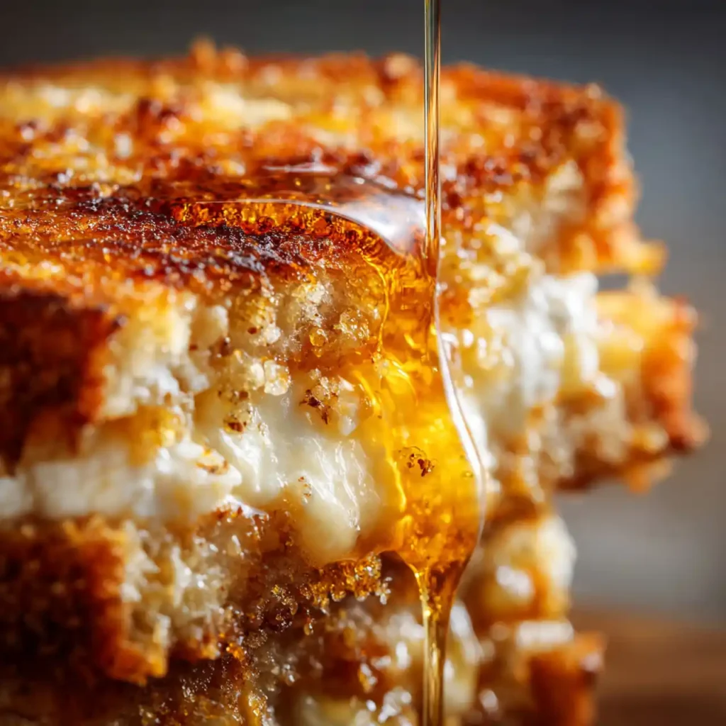 Goat Cheese Grilled Cheese with Honey Bliss 3 Close-up of Goat Cheese Grilled Cheese with Honey Bliss showing melty cheese and honey