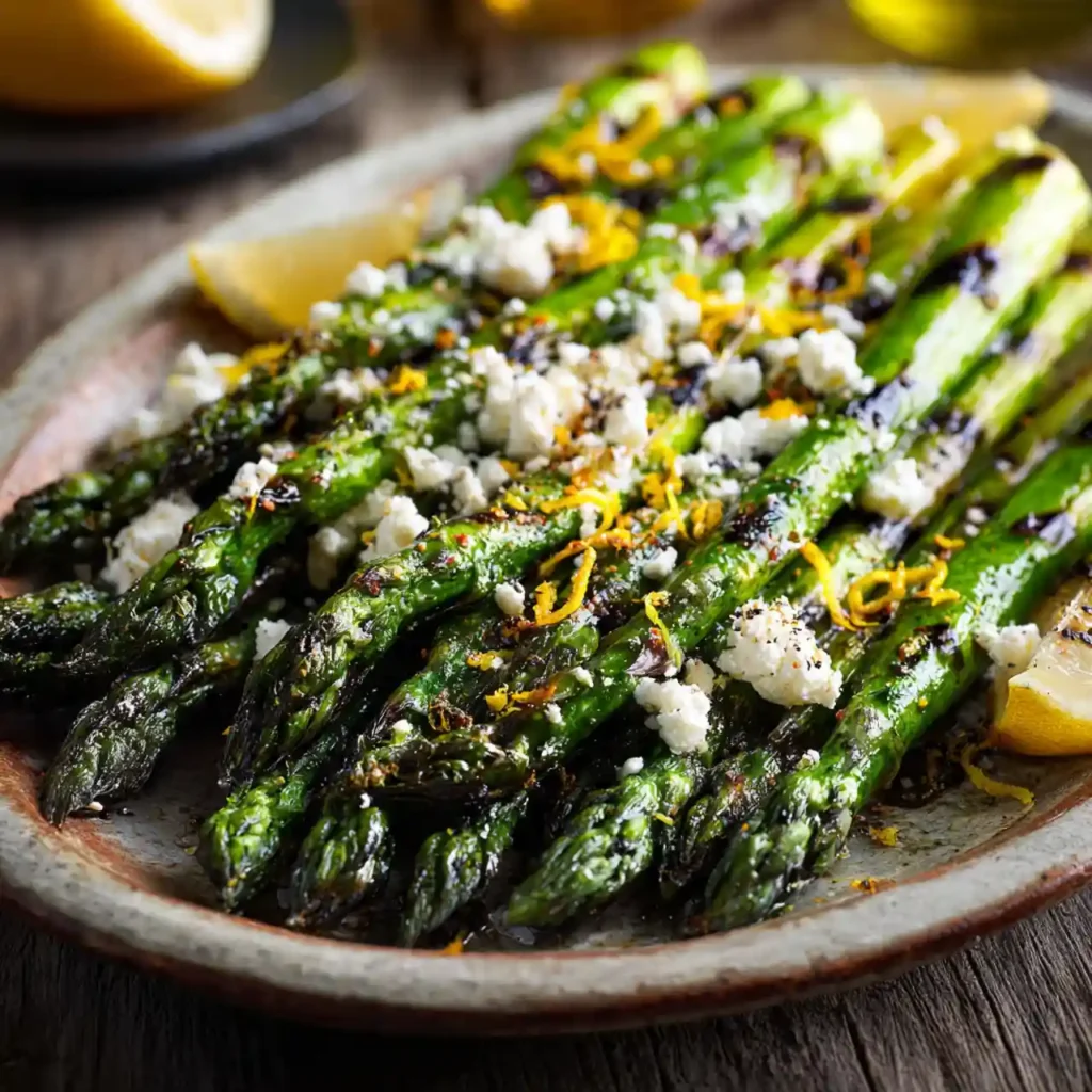 Grilled Asparagus with Lemon and Feta 3 Close-up of Grilled Asparagus with Lemon and Feta with char marks