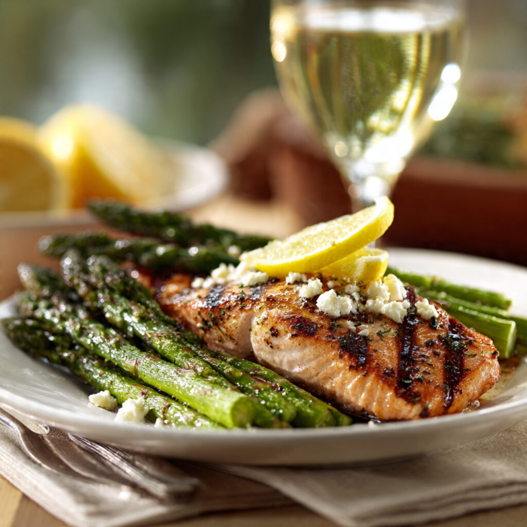 Grilled Asparagus with Lemon and Feta 4 Grilled Asparagus with Lemon and Feta served with grilled chicken