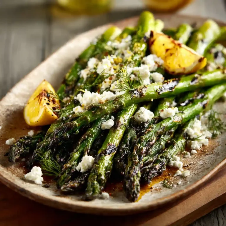 Grilled Asparagus with Lemon and Feta served on a platter