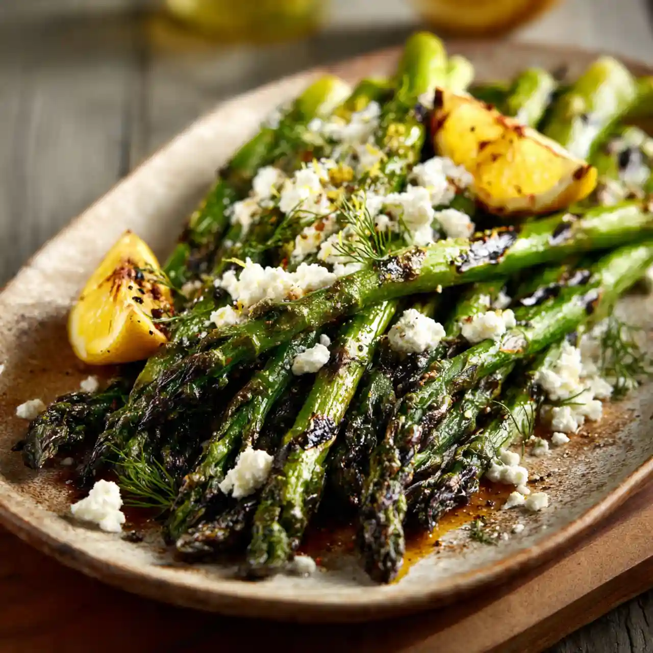 Grilled Asparagus with Lemon and Feta 1 Grilled Asparagus with Lemon and Feta served on a platter