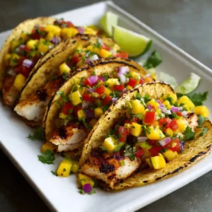 Grilled Chicken Tacos with Mango Salsa 4 grilled chicken tacos with mango salsa served in soft tortillas