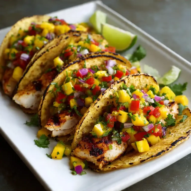grilled chicken tacos with mango salsa served in soft tortillas