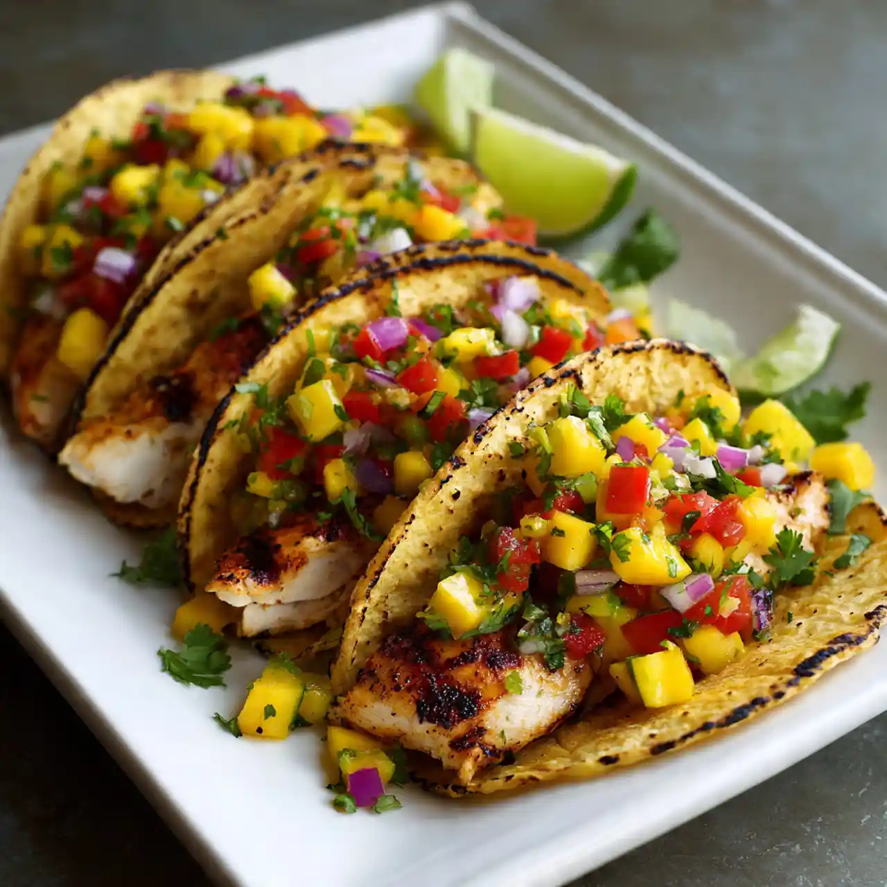 Grilled Chicken Tacos with Mango Salsa 1 grilled chicken tacos with mango salsa served in soft tortillas
