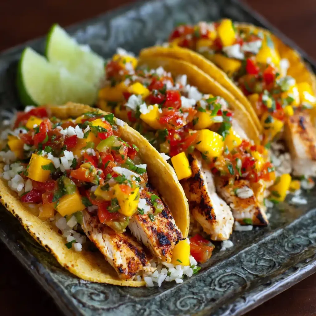 Grilled Chicken Tacos with Mango Salsa 3 grilled chicken tacos with mango salsa served with lime wedges