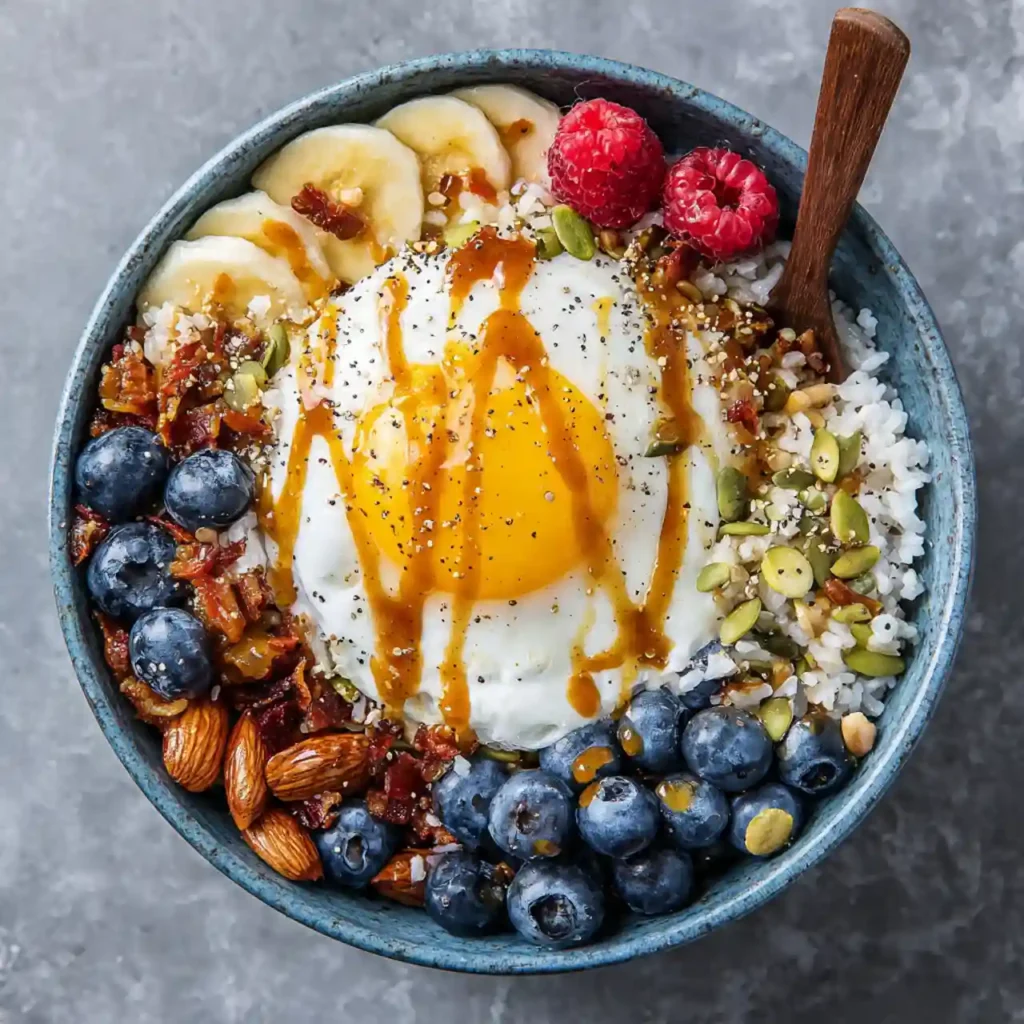 close-up of high protein breakfast bowl showing avocado, seeds, and microgreens