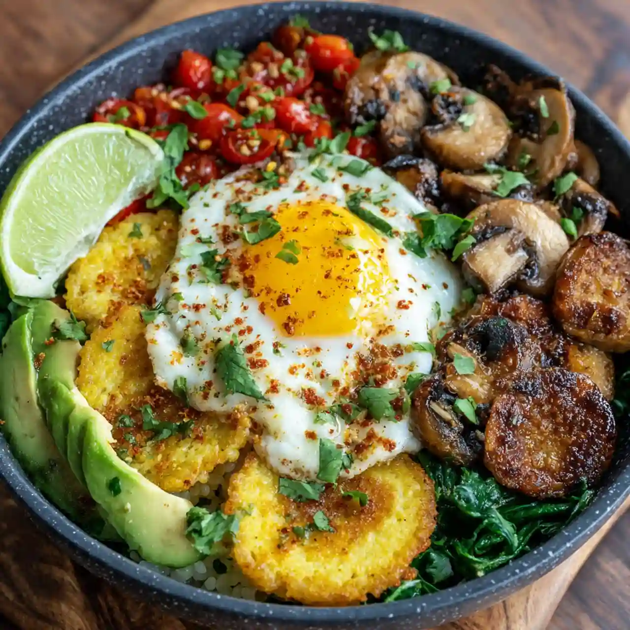 high protein breakfast bowl with eggs, avocado, and quinoa