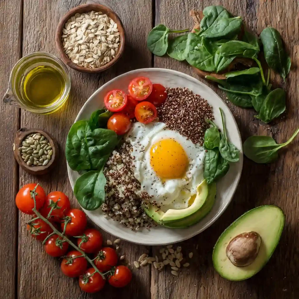 high protein breakfast bowl ingredients laid out: eggs, quinoa, avocado, veggies