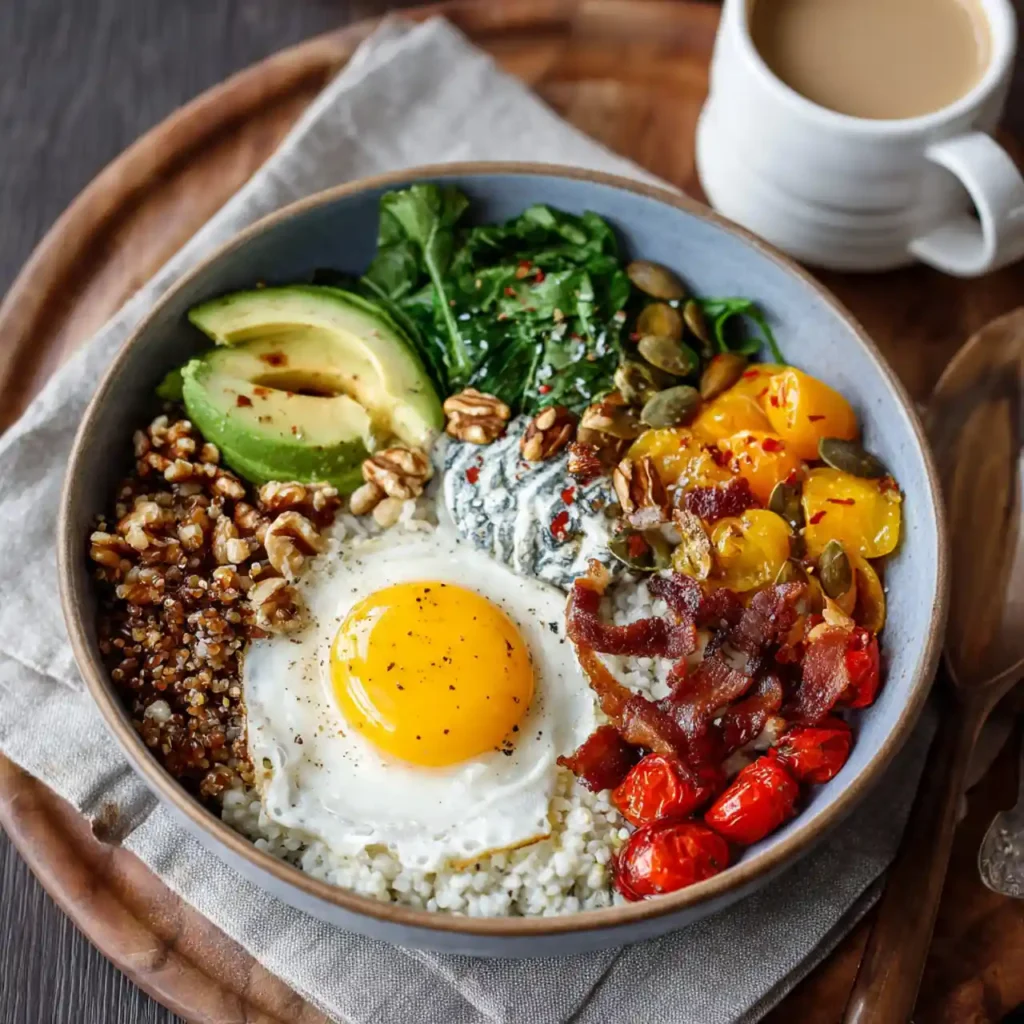 served high protein breakfast bowl with vibrant veggies and toppings