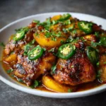 jalapeno peach chicken with peach glaze and sliced jalapenos