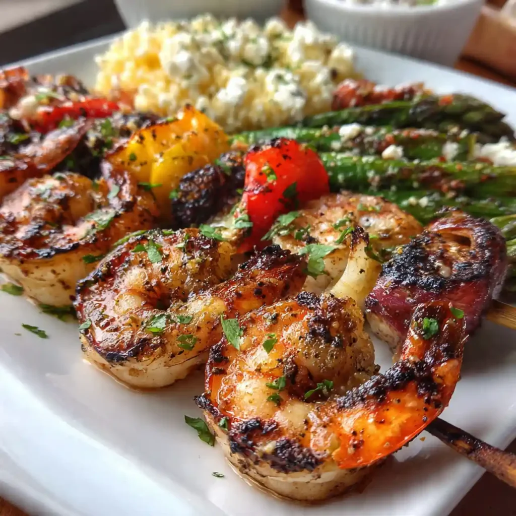 Juicy Mediterranean Grilled Shrimp Skewers 4 plated Mediterranean grilled shrimp skewers with lemon wedges and fresh salad