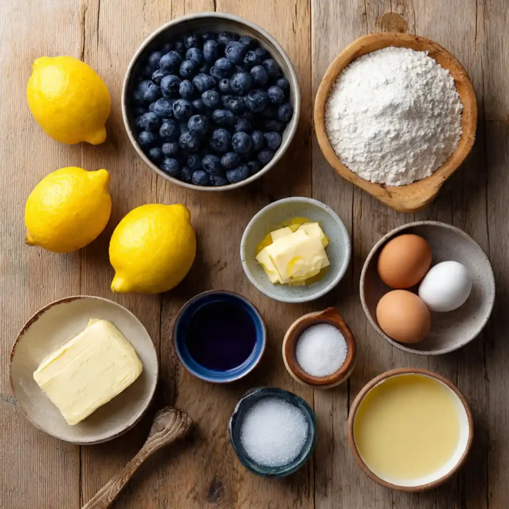 Lemon Blueberry Loaf Cake with Glaze 2 ingredients for lemon blueberry loaf cake with glaze including blueberries, lemon, flour, eggs