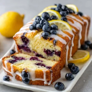 Lemon Blueberry Loaf Cake with Glaze 5 slice of lemon blueberry loaf cake with glaze served on plate