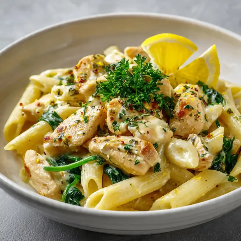 lemon chicken pasta served with parmesan cheese and lemon wedges